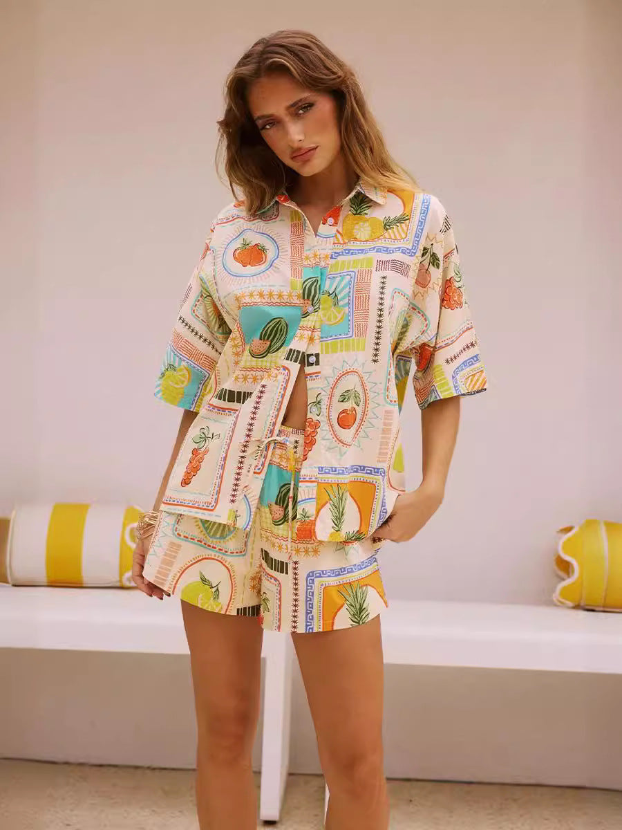 Women's Tropical Print Shirt and Shorts Set - Relaxed Fit - Button-Up Shirt - High-Waist Shorts