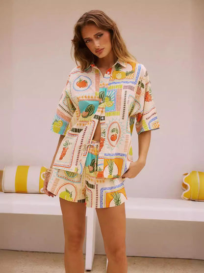 Women's Tropical Print Shirt and Shorts Set - Relaxed Fit - Button-Up Shirt - High-Waist Shorts