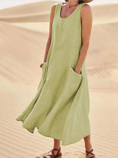 Women's Midi Dress - Sleeveless A-Line - Lightweight Breathable Fabric - With Pockets