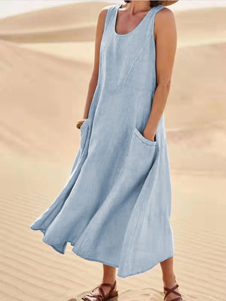 Women's Midi Dress - Sleeveless A-Line - Lightweight Breathable Fabric - With Pockets