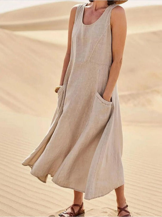 Women's Midi Dress - Sleeveless A-Line - Lightweight Breathable Fabric - With Pockets