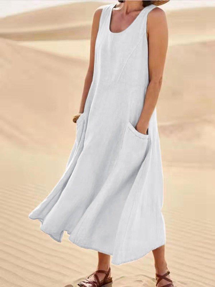 Women's Midi Dress - Sleeveless A-Line - Lightweight Breathable Fabric - With Pockets