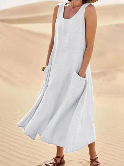 Women's Midi Dress - Sleeveless A-Line - Lightweight Breathable Fabric - With Pockets