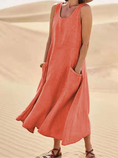 Women's Midi Dress - Sleeveless A-Line - Lightweight Breathable Fabric - With Pockets