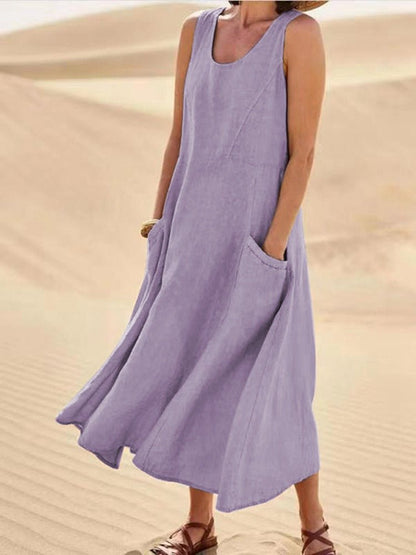 Women's Midi Dress - Sleeveless A-Line - Lightweight Breathable Fabric - With Pockets