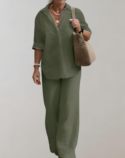 Women's Two-Piece Trouser Suit – Button-Up Shirt – Wide-Leg Trousers – Relaxed Fit