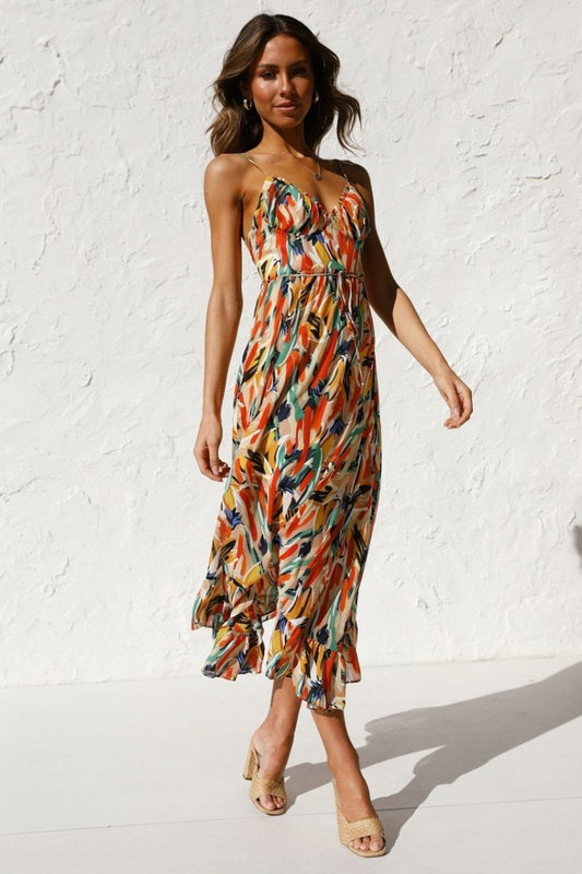 Women’s Midi Dress – Chiffon – Spaghetti Straps – V-Neck – Ruffled Hem – Relaxed Fit