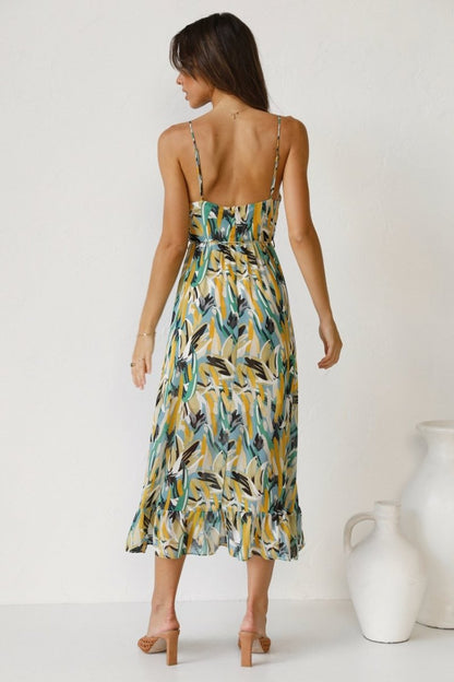Women’s Midi Dress – Chiffon – Spaghetti Straps – V-Neck – Ruffled Hem – Relaxed Fit