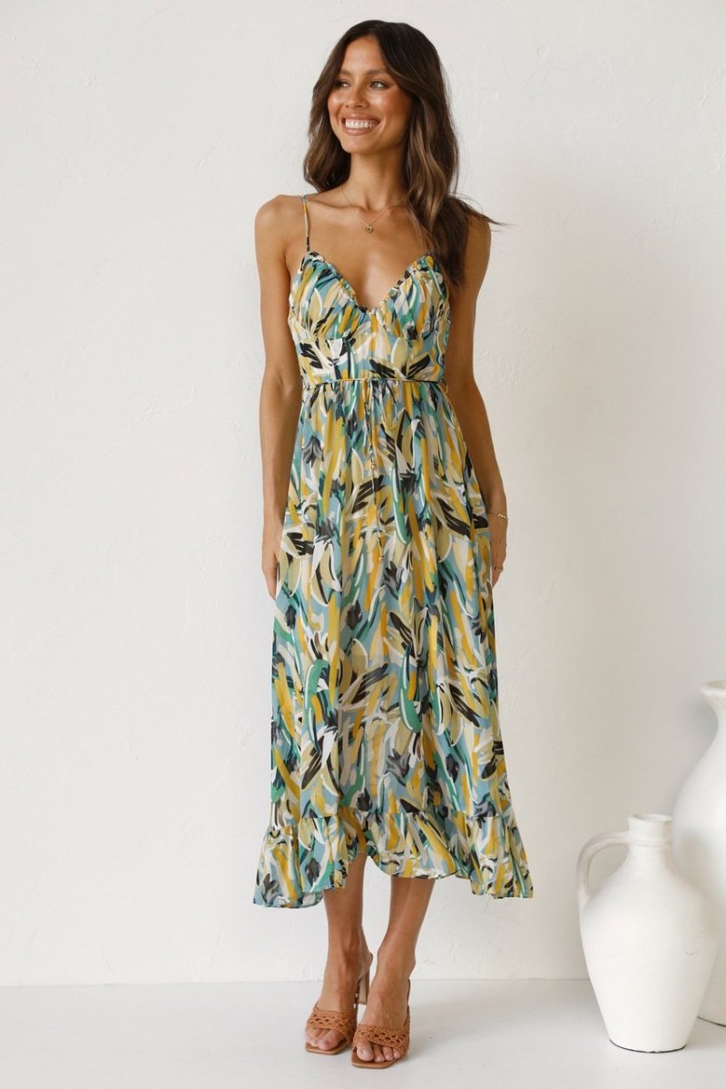 Women’s Midi Dress – Chiffon – Spaghetti Straps – V-Neck – Ruffled Hem – Relaxed Fit