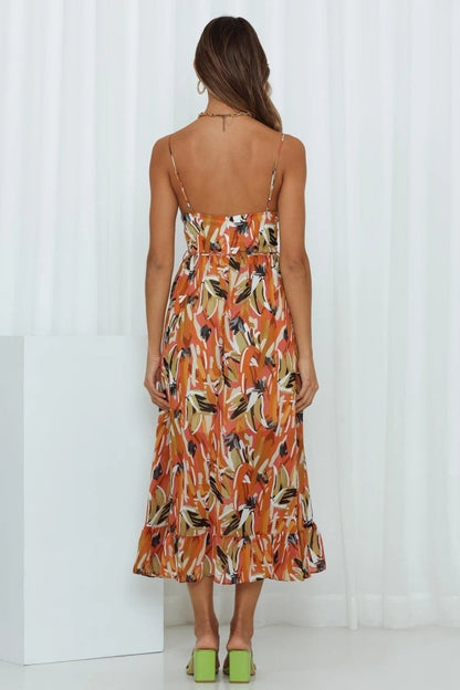 Women’s Midi Dress – Chiffon – Spaghetti Straps – V-Neck – Ruffled Hem – Relaxed Fit