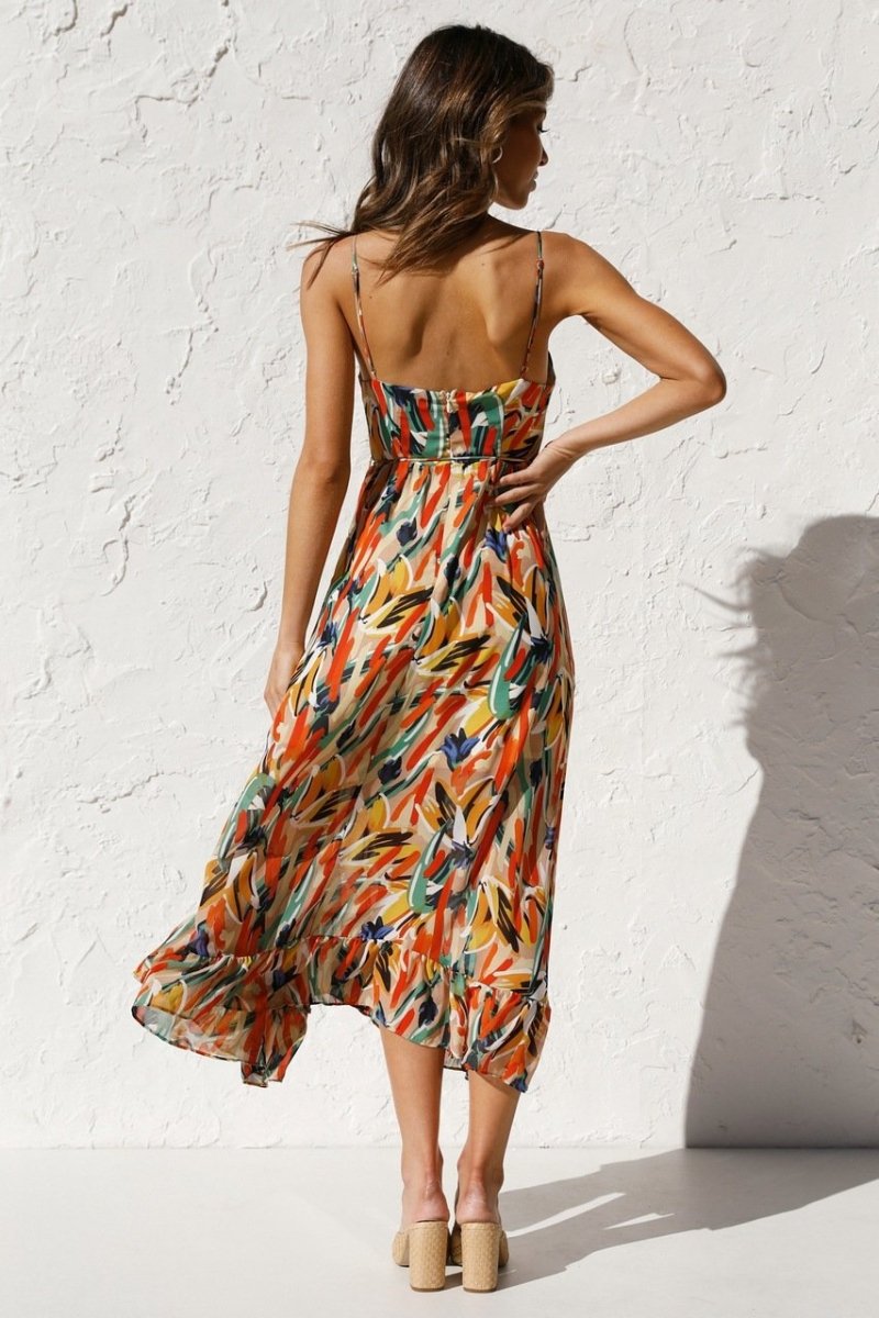 Women’s Midi Dress – Chiffon – Spaghetti Straps – V-Neck – Ruffled Hem – Relaxed Fit