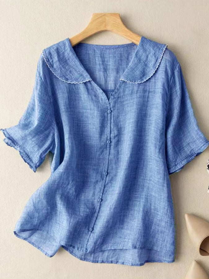 Women's cotton and linen retro short sleeved navy doll collar thin shirt