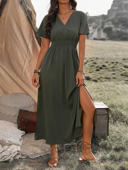 Women’s Midi Dress – V-Neck Wrap – Relaxed A-Line Fit – Short Sleeve – Breathable Blend