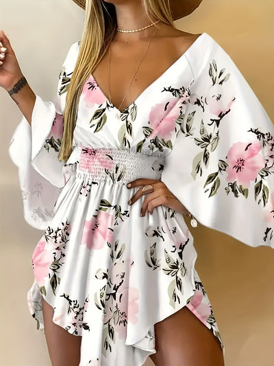 Women's Floral Dress - V-Neck - Bell Sleeves - Smocked Waist - Ruffled Asymmetrical Hem