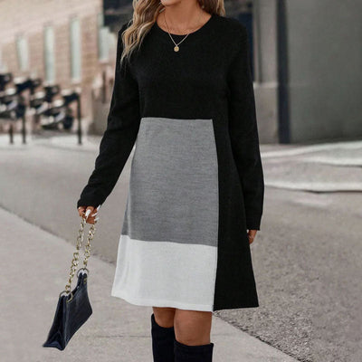 Women's Knit Dress - Color Block Design - Long Sleeve - Relaxed Fit - Knee Length