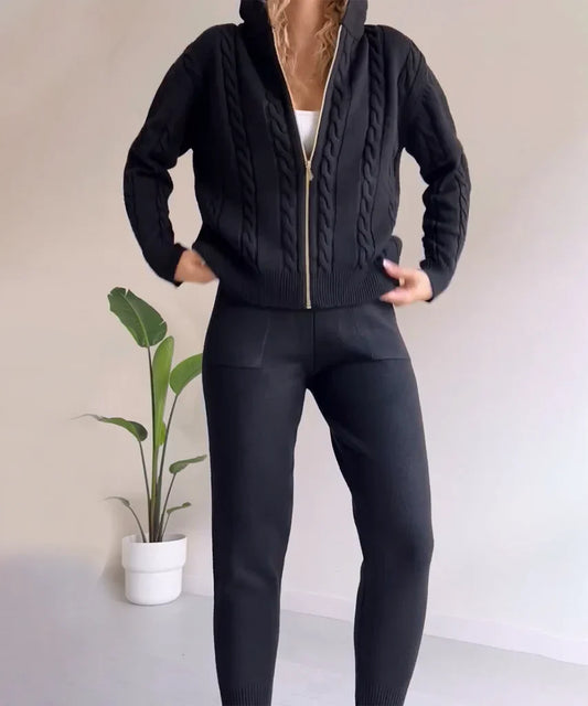 Women’s Knitted Set – Soft Knit – Oversized Fit – Cable Knit Detailing – Hooded Zip Cardigan & Jacquard Pullover