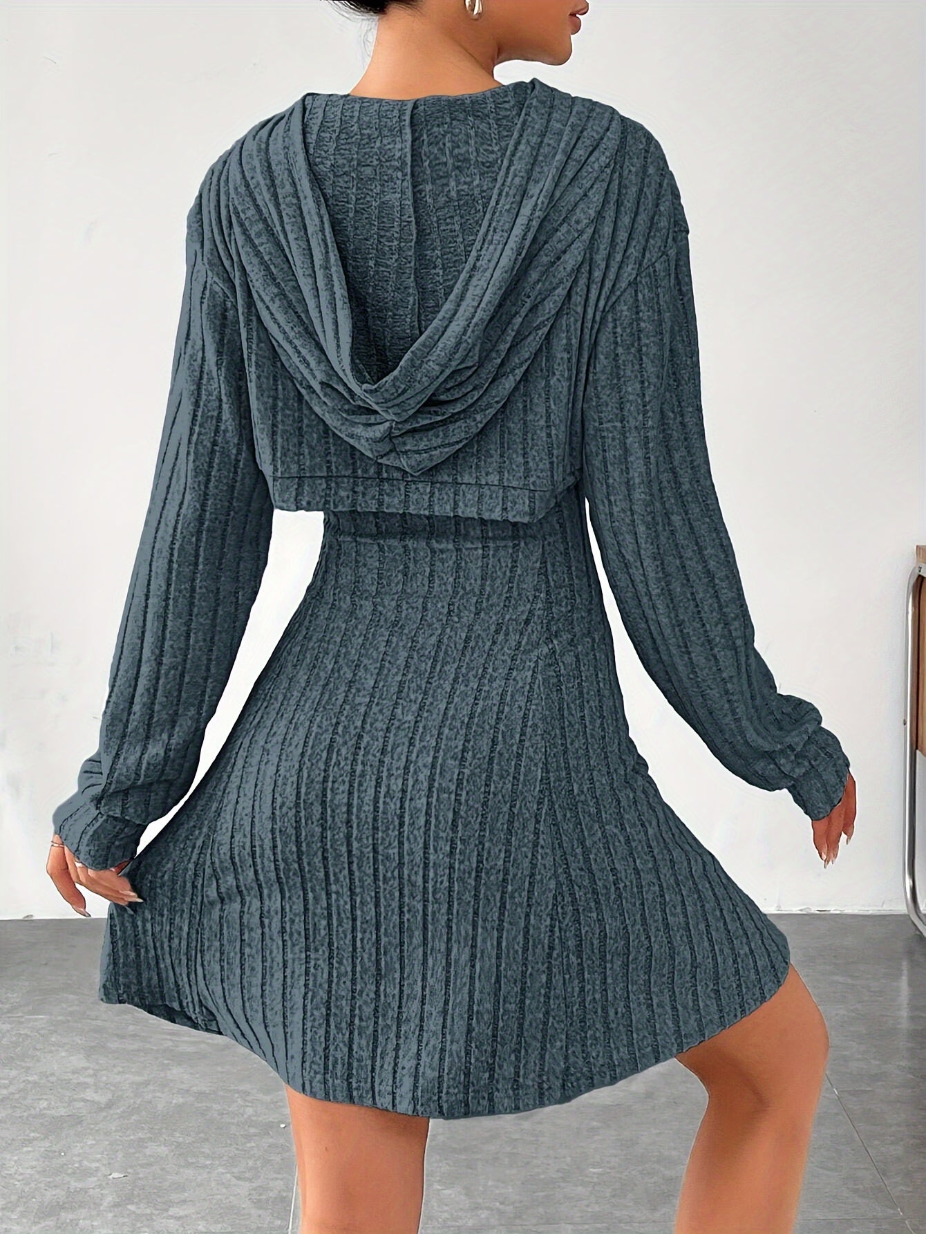 Ribbed knit flare dress with hooded detail for women