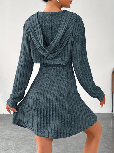 Ribbed knit flare dress with hooded detail for women