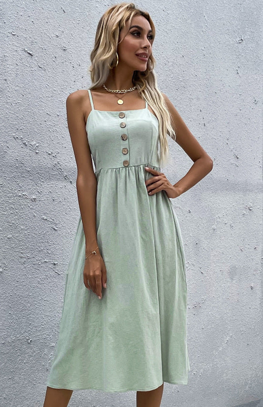 Women's Midi Dress - Sleeveless A-Line - Button-Down Fitted Bodice - Flared Casual Fit