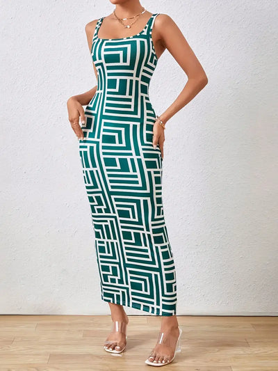 Women's Bodycon Midi Dress - Square Neck - Sleeveless - Geometric Pattern - Fitted Silhouette
