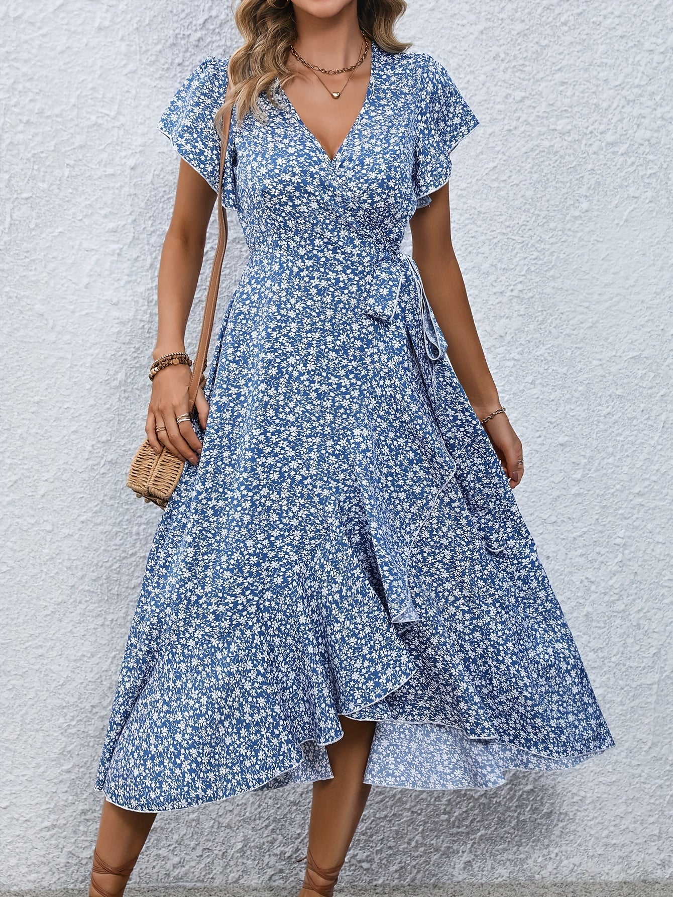 Women's Wrap Dress - Floral Print - V-Neck - Short Flutter Sleeves - Midi Length