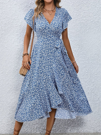 Women's Wrap Dress - Floral Print - V-Neck - Short Flutter Sleeves - Midi Length