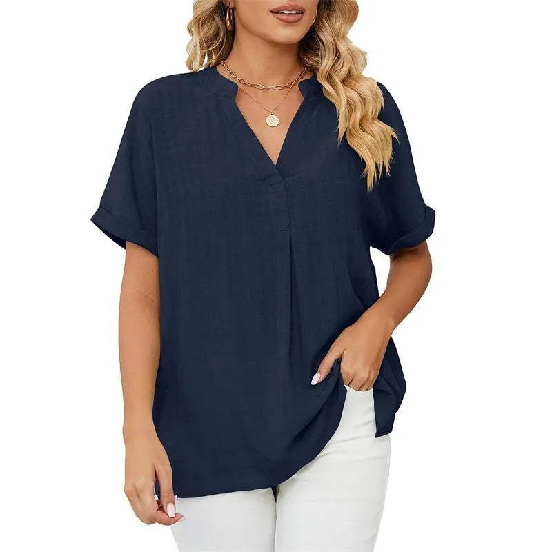 Women's Blouse - Loose Fit - V-Neck - Short Sleeve Lightweight Casual Wear