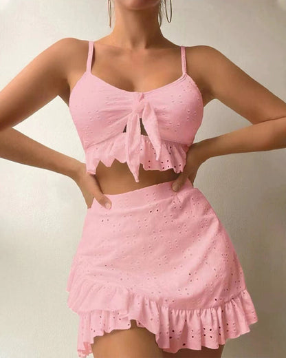 Women’s Bikini Set – Tie Front Top – Ruffled Mini Skirt – Eyelet Embroidery – Breathable Blend