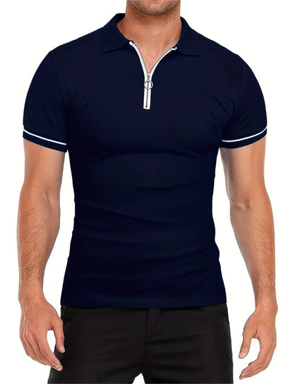 Men’s Polo Shirt – Slim Fit – Short Sleeve – Quarter Zip – Stylish Contrast Detail