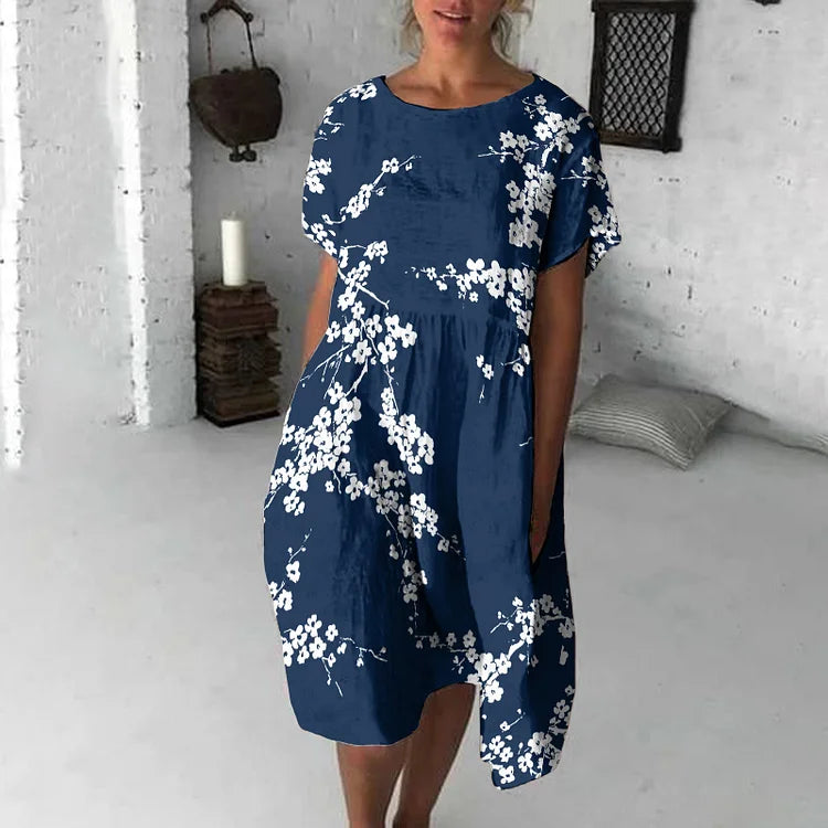 Women’s Midi Dress – Flowy Fit – Short Sleeve – Floral Print – Breathable Blend