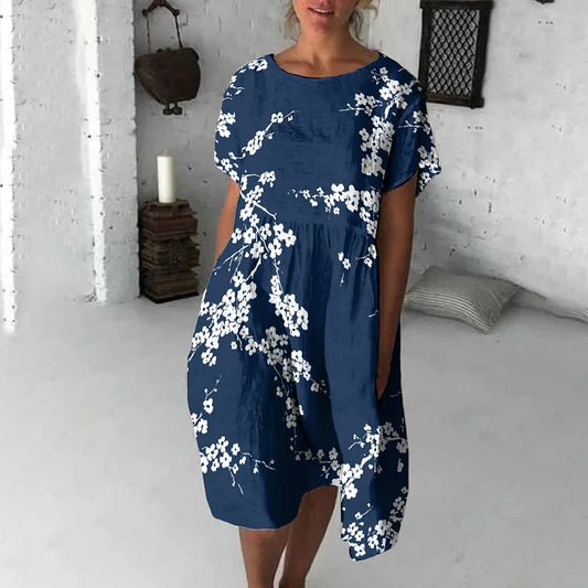Women’s Midi Dress – Flowy Fit – Short Sleeve – Floral Print – Breathable Blend