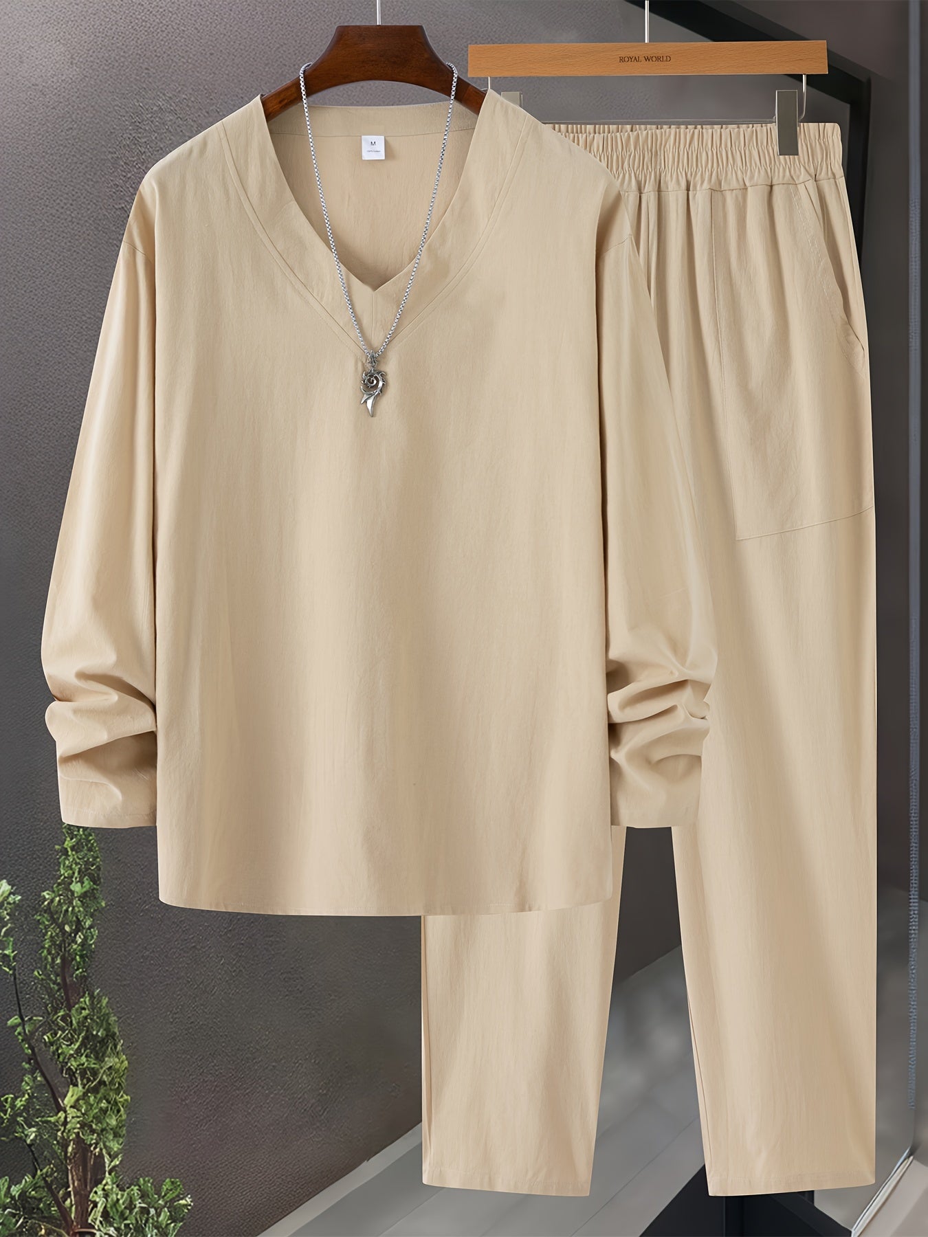 Men’s Loungewear Set – V-Neck Long Sleeve Top – Relaxed Fit Trousers with Pockets