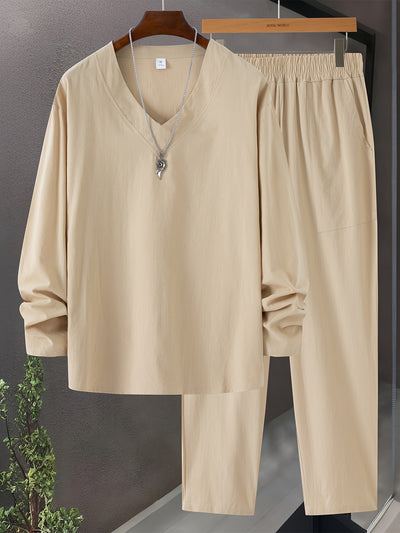Men’s Loungewear Set – V-Neck Long Sleeve Top – Relaxed Fit Trousers with Pockets