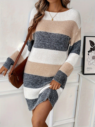 Women's Sweater Dress - Knitted Soft Fabric - Relaxed Fit - Long Sleeve Striped Design