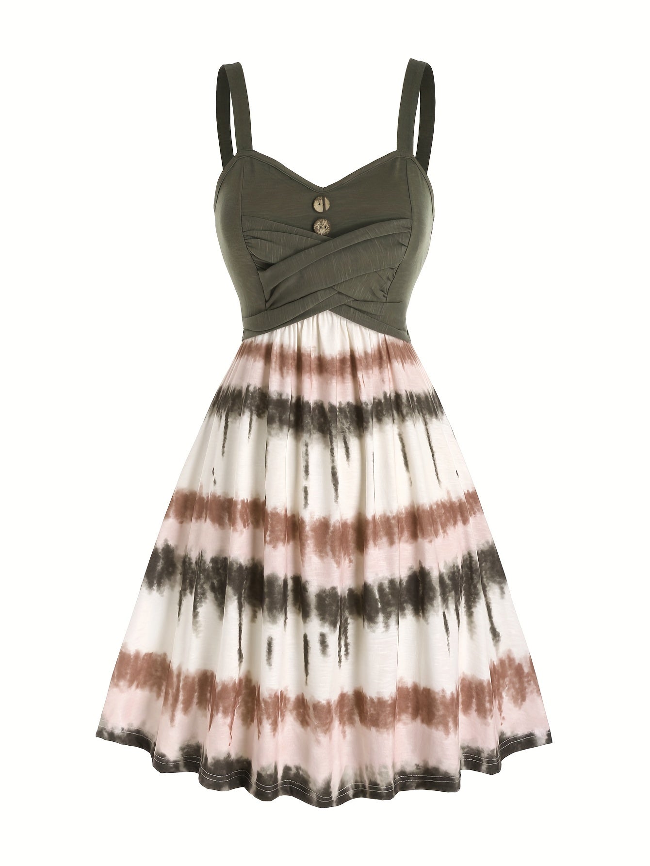 Tie-Dye V-Neck Dress with Faux Buttons for Women