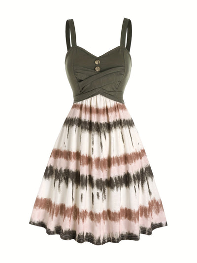 Tie-Dye V-Neck Dress with Faux Buttons for Women