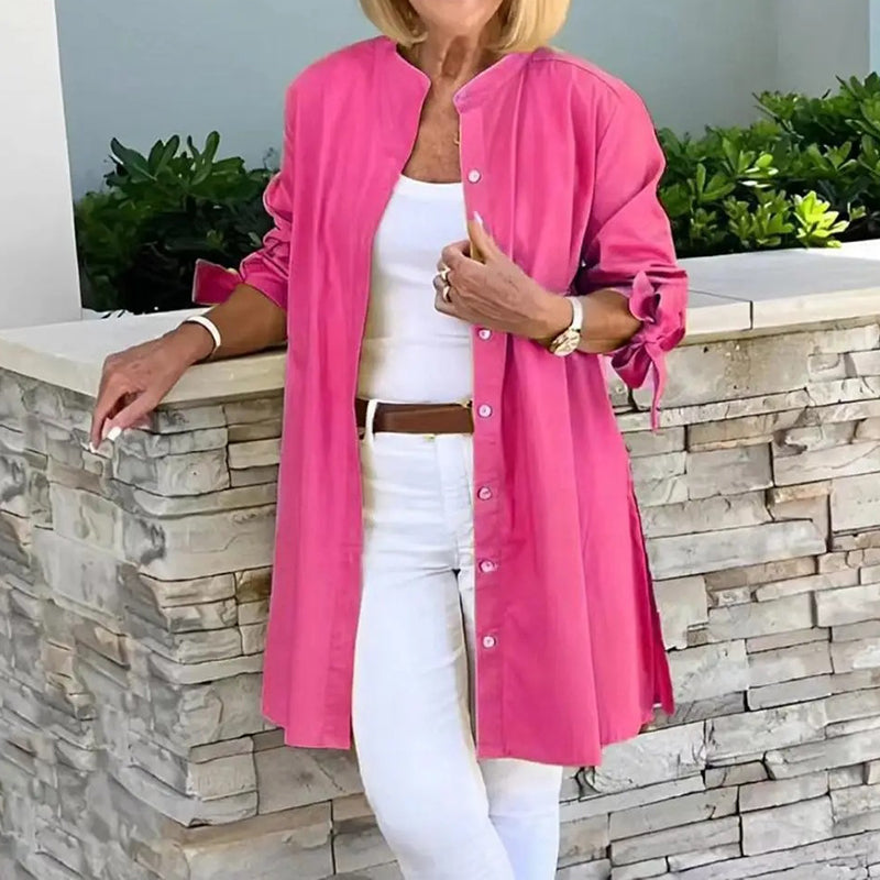 Women’s Tunic Shirt – Relaxed Fit – Button Front – Mid Thigh Length