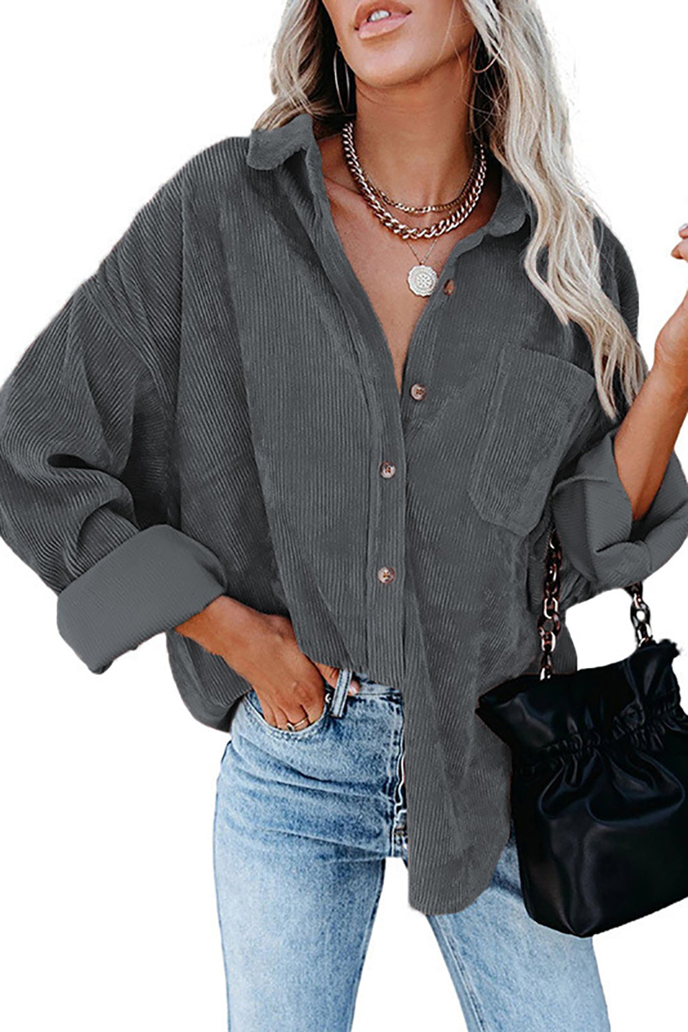 Women’s Button-Up Shirt – Oversized Fit – Textured Fabric – Rolled Sleeves Casual Style