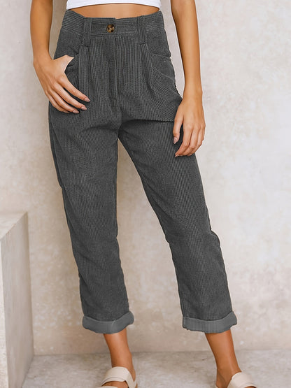 Women’s High-Waisted Trousers – Relaxed Fit – Tapered Leg – Textured Fabric – Pleated Waist