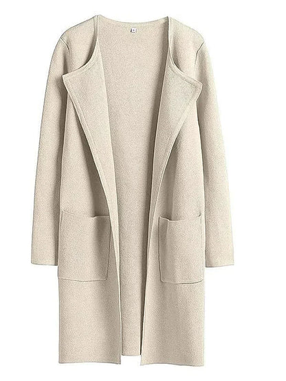 Women’s Knee-Length Coat – Wool Blend – Relaxed Fit – Wide Lapel – Patch Pockets