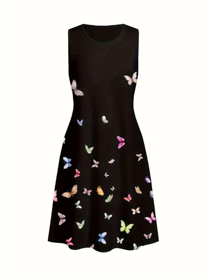 Women's Sleeveless Dress - A-Line Loose Fit - Butterfly Print Casual Wear