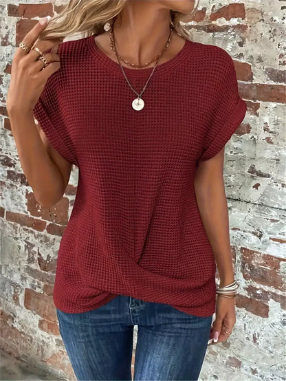 Women's Knit Top - Waffle Texture - Loose Fit - Round Neck - Breathable Casual Wear