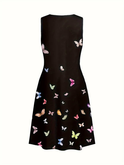 Women's Sleeveless Dress - A-Line Loose Fit - Butterfly Print Casual Wear