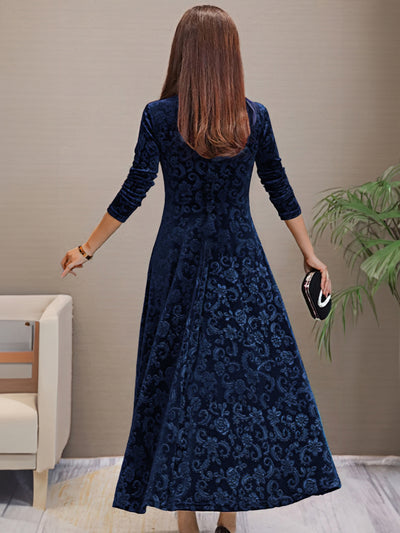 Women’s Midi Dress - Velvet A-Line - Floral Pattern - V-Neck - 3/4 Sleeve Elegant Fit