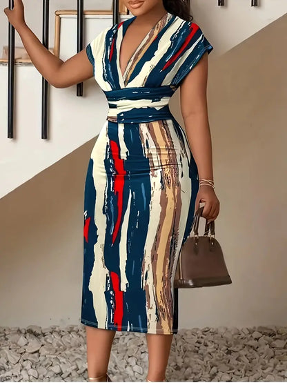 Women's Bodycon Dress - Patchwork Denim - Midi Length - V-Neck Short Sleeve