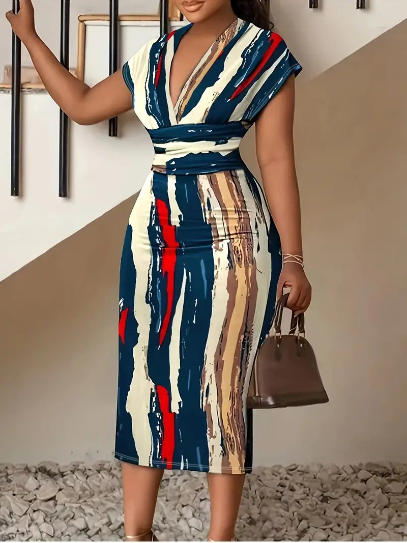 Women's Bodycon Dress - Patchwork Denim - Midi Length - V-Neck Short Sleeve