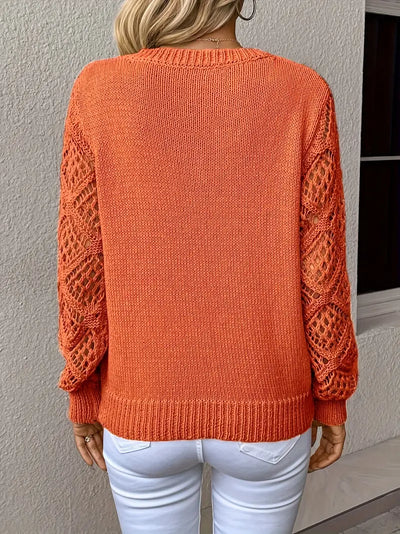 Women's Knit Sweater - V-Neck - Long Sleeve - Open-Knit Detailing - Relaxed Fit
