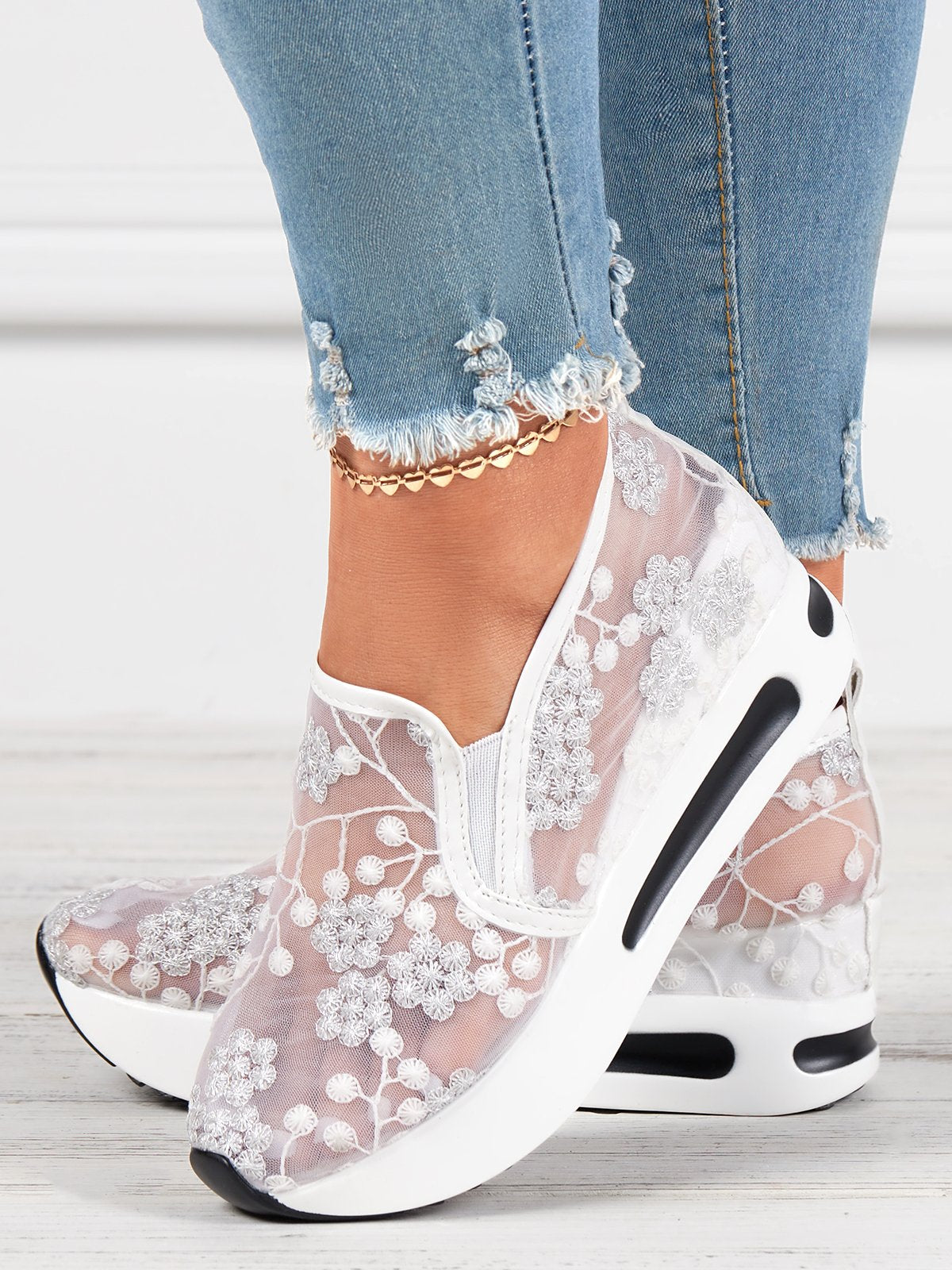 Women's Slip-On Sneakers - Sheer Mesh - Floral Embroidery - Platform Sole