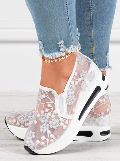 Women's Slip-On Sneakers - Sheer Mesh - Floral Embroidery - Platform Sole