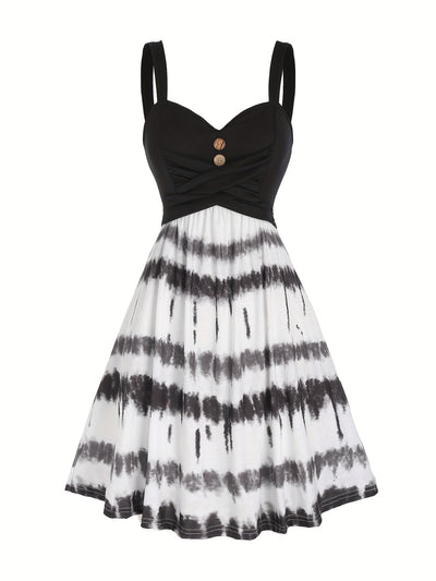 Tie-Dye V-Neck Dress with Faux Buttons for Women
